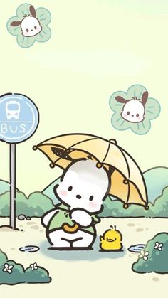 a cartoon character holding an umbrella next to a street sign and ducklings in the background