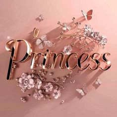 the word princess is surrounded by butterflies and flowers on a pink background with gold lettering