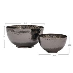 two silver bowls are shown with measurements for each bowl and one has a black rim