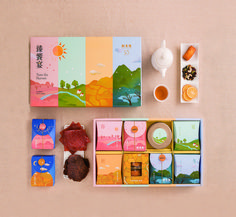 an assortment of food items displayed on a pink surface with chinese writing and pictures in the background