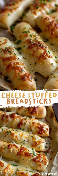 cheese stuffed breadsticks are sitting on a baking sheet