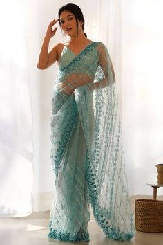 Breeze Blue Embroidered Net Saree for Festival Sangeet Saree, Blue Net Saree, Noodle Strap