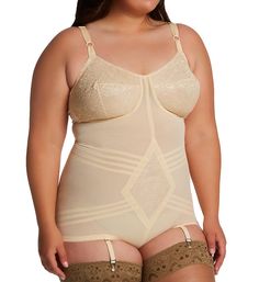 Powermesh body brief has pretty floral lace at wireless cups and Invisinet tummy tamer panel. Height can easily be adjusted by changing strap lengths and hook-and-eye crotch opening. Garters are removable. Seamed wireless cups have compressed fiberfill lining. Transversal seams create conical shape to breasts, while vertical seams give lift. Bra-sized cups give you the perfect fit. V-neckline has picot trim. Circling bands control hips, waist, and back. Firm nylon lace panel at center front is d Fitted Full Coverage Shapewear With Lace Trim, Girdles Shapewear, Vintage Girdle, Body Shapewear, Women In Lingerie, Women's Shapewear, Vintage Lingerie, Lace Panelled, Thigh Highs