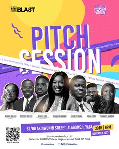 a poster for the pitch session with people in suits and ties, all smiling at the camera