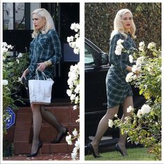 two pictures of the same woman in different outfits, one is carrying a white bag