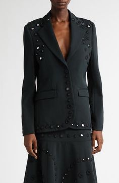 This wool-blend blazer showcases designer Grace Wales Bonner's talent as a tailor and knowledge as a fashion and cultural historian. The style features soft tailoring and hand-crocheted frames around small round mirrors, adding illumination to the unique look. One-button closure Notched lapels Chest welt pocket; front flap pockets Back vent Lined 75% wool, 25% nylon Dry clean Made in Italy Designer Clothing Black Owned/Founded