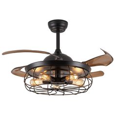 a ceiling fan with three blades and lights on it's bladed light fixture