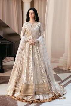 Elegant Rose Gold Embroidered Pakistani Wedding Dress Gown Pishwas Semi-stitched Gold Dress With Floral Embroidery, Gold Anarkali Gown With Gold Embroidery, Elegant Anarkali Set With Gold Embroidery For Reception, Elegant Organza Lehenga With Gold Embroidery, Gold Embroidered Gown For Ceremony, Gold Floral Embroidered Dress For Reception, Gold Anarkali Gown With Intricate Embroidery, Eid Wedding Dress With Sheer Dupatta In Organza, Semi-stitched Gold Embroidered Gown For Reception