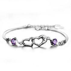 Romantic Linked Heart Sterling Silver Bracelet White Gold Promise Bracelet, Silver Bangle Jewelry For Promise, White Gold Bangle Jewelry Gift, White Gold Bangle As Gift, Elegant Amethyst Rings For Valentine's Day, White Gold Bangle Jewelry For Gift, Valentine's Day White Gold Bangle, Silver Promise Jewelry, Valentine's Day Bangle For Anniversary