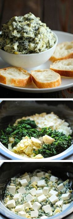 spinach and cheese dip in a skillet with bread slices on the side, and another image of spinach spread over it