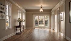 an empty hallway with wood flooring and white trim on the doors, windows, and framed pictures