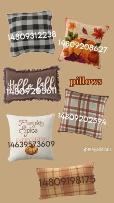 four pillows with different designs on them and numbers in the same font, each one has an image of a pumpkin