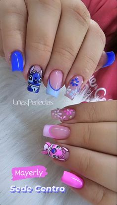 Stitch And Angel Nail Designs, Stitch Nails Acrylic Short, Short Stitch Nails, Disney Nails Stitch, Stitch Nails For Kids, Stitch And Angel Nails, Stitch Nails Acrylic, Kid Nail Designs