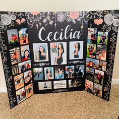 a black and white photo collage with the word cecilia on it's side