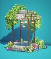 an artistic rendering of a stone gazebo with flowers and trees around it on a blue background