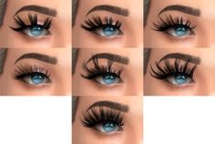 many different views of an eye with long lashes and blue eyeshades, all showing the same amount of eyelashes