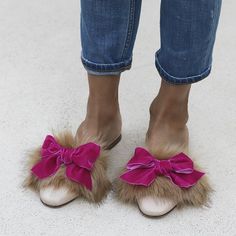 Handcrafted US sizing. Fits true to size. Fur Loafers, Spot Lights, Velvet Shoes, Bow Decor, Flat Mules, Brown Heels, Velvet Bow, Fashion Stylist, Shoe Style