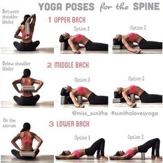 a woman doing yoga poses for the side planks and upper back stretches with instructions on how to do it