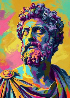 an artistic painting of a man with curly hair and beard wearing a purple, blue, yellow and pink color scheme