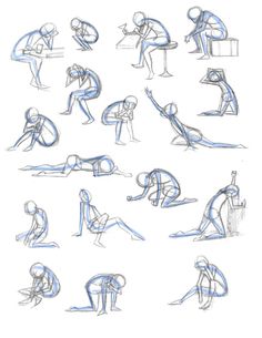 a drawing of people doing different poses in various positions, with one person sitting and the other standing