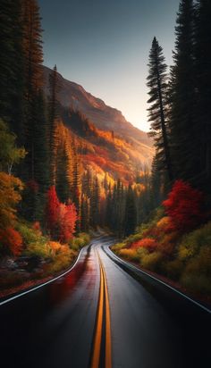 an empty road surrounded by trees and mountains