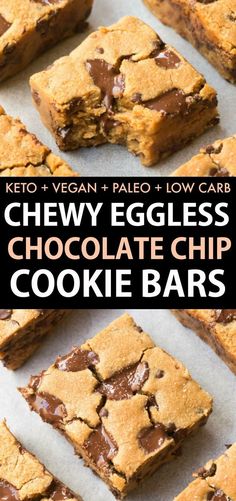 chewy eggless chocolate chip cookie bars with text overlay