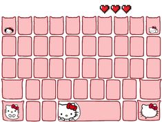 a pink keyboard with hello kitty stickers on it's keys and two hearts