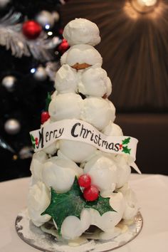 a small christmas tree made out of marshmallows