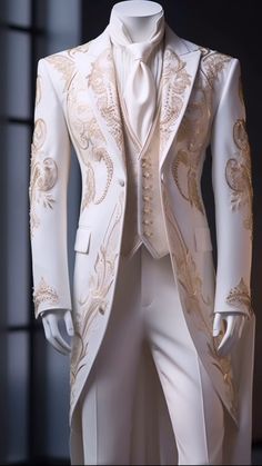 White Suit With Golden Embroidery, White Suit Gold Accents, White Gold Suit Men, Prince Prom Outfit, White Fantasy Suit, Fancy Clothing Men, Prince Dress For Men, Creme Tuxedo, Gold Groom Suit