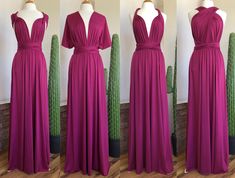 "MAGENTA Convertible Dress ❤ ❤ SIZING & DRESS MEASUREMENTS : ❤ ❤ Average: - Waist circumference from 24 inches to 42 inches Maximum stretchiness Size 0-14 Plus - Waist circumference from 34 inches to 52 inches Maximum stretchiness Size 16-26 Length: ~TO FIND THE PERFECT LENGTH: Measure from your high waist (Just above your belly button) to the floor or where you want the dress length to end. Please measure in inches. ** PLEASE MEASURE YOUR LENGTH BEFORE ORDERING. ** SWATCH SAMPLES CAN BE PUR Magenta Bridesmaid Dresses, Multi Wrap Dress, Wrap Dress Plus Size, Vestido Convertible, Infinity Dress Bridesmaid, Orange Bridesmaid, Multiway Dress, Magenta Dress, Rose Bridesmaid Dresses