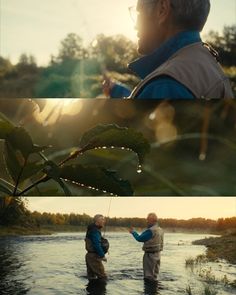 two men standing in the water fishing