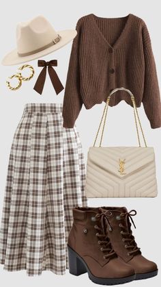 a woman in brown sweater and plaid skirt with hat, handbag and purse on grey background