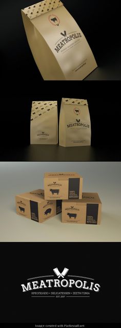 the packaging for meat products is shown in three different stages, including paper bags and cardboard boxes