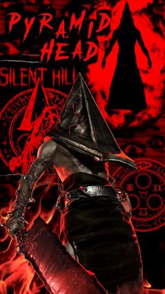 a woman dressed in black holding a knife and wearing a hat with the words pyramid head on it