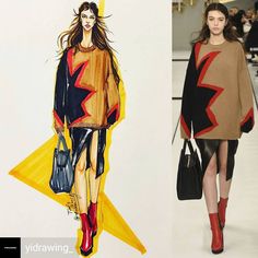 a fashion sketch and a drawing of a woman's outfit on the catwalk