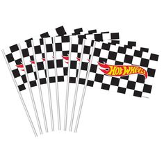 six checkered flags with hot wheels logo on the front and back one is red, white, and yellow