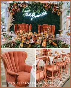 an orange chair sitting next to a table with flowers on it and the words the bonsons