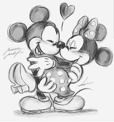 a drawing of mickey and minnie kissing each other with hearts floating out of the air