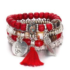 PRICES MAY VARY. MATERIAL - Red Bohemian bracelet, alloy Plated Chains harder to fade, and selected High quality crystal，Hypoallergenic Bracelet crafted from alloy.Lead free,nickel free eco-friendly alloy .It will never fade and is not allergy for your skin.No harm to health OCCASSION - bohemian bracelet is suitable for wedding , engagement , prom , dinner party , birthday party , daily life,any occasion you want to be more charming ADJUSTABLE SIZE - Length is Adjustable,Durable Rope, Never Need Gemstone Bangle Bracelets, Colorful Bead Bracelets, Fashion Angels, Red Beaded Bracelet, Gemstone Bangle, Tassel Bracelet, Hot Jewelry, Red Bracelets, Bohemian Bracelets