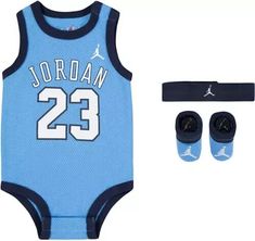 New in Box. 3 Piece Nike Air Jordan Infant Gift Set  - includes a Headband, 1 Pair of Booties, and a Sleeveless Bodysuit /Onesie that Resembles a Jersey • Size 0-6 Months • Obsidian / Blue • Headband and Booties Have Embroidered Logo *Box May Have Minor Shelf Wear  Fast Shipping from North Carolina. Stored in a Smoke Free Environment. *Colors may appear differently on computer monitors due to brightness settings. Our pictures are not edited with any filters.  Store Policy Please review the item details carefully BEFORE you place your order.  Make sure it is the correct size / color and PLEASE enter the correct address. We may not be able to cancel your order. We do not accept returned items that have been opened / tried on. Tags must still be attached. If you have any questions, please con Air Jordan Outfit, Nike Air Jordans Outfit, Baby Jordans, Jordan Outfit, Mesh Jersey, Blue Jordans, Blue Headband, Blue Bodysuit, 6 Month Baby