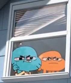 two cartoon characters are looking out the window