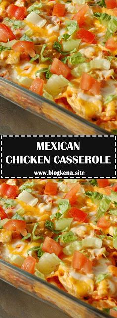 mexican chicken casserole with tomatoes, onions and lettuce