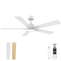 a white ceiling fan with remote control next to it's light and wall mounting