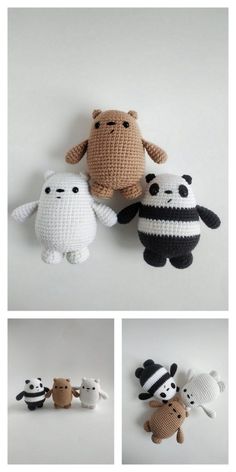 crocheted stuffed animals are arranged in three different ways, including panda, panda bear and penguin