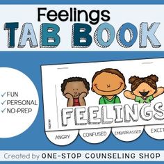 the feelings tab book is shown with an image of three children in front of it