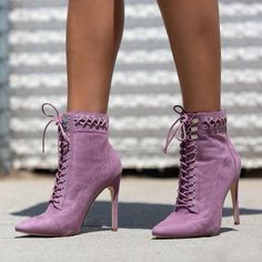 Step into chic sophistication with our Purple Pointy Toe Lace Up Boots. Crafted from luxurious vegan suede, these stiletto heel booties elevate your style effortlessly with a touch of elegance and edge. Color: Purple Material: Vegan suede Heel Type: Stiletto heel Heel Height: 4.72" / 120 mm approx Product measurements were taken using size 8. Please note that measurements may vary by size. Toe: Pointed toe Lace-up design Handcrafted US sizing. Fits true to size. Purple Ankle Boots, Red Stiletto Heels, Pencil Heels, Red Stilettos, Boots Suede, Vintage Boots, Fashion Heels, Shoe Dazzle, Heel Boots