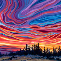 an oil painting of a colorful sky with trees in the foreground