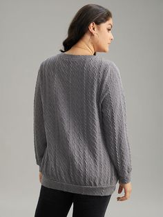 Shop Plain Geometric Textured Plicated Detail Sweatshirt now and redefine your style with confidence at BloomChic. Tailored for mid and plus-size women. This trendy Tops Women, sizes 10-30. Season:Winter;Color:Gray;Style:Casual;Neckline:V-neck;Sleeve Type:Regular Sleeve;Pattern Type:Plain;Details:Plain, Texture;Pocket:No-pocket;Belt:No-belt Relaxed Fit Cable Knit Top For Layering, Cable Knit Tops For Layering With Relaxed Fit, Crew Neck Cable Knit Top With Relaxed Fit, Relaxed Fit Cable Knit Crew Neck Top, Long Sleeve Cable Knit Tops For Layering, Womens Trendy Tops, Winter Color, Sleeve Pattern, Pocket Belt