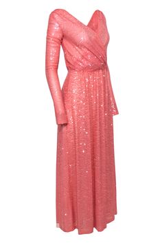 Disco darling meets Hollywood starlet in this glitzy gown from Emilio Pucci! The iconic Italian fashion designer created this statement stunner with tons of flashy sequins in a pop of bold pink. Perfect for bringing some chic '70s vibes to your next red carpet event. Pair with strappy stilettos and statement earrings, grab your leading man, and get ready to smile for the paparazzi! Size 4 90% Nylon, 10% Spandex Concealed side zipper Unlined, missing slip Surplice neckline Long sleeve All-over se Glamorous Sequin Maxi Gown, Evening Maxi Gown With Sequins, Sequin Maxi Gown For Night Out, Sequined Maxi Length Evening Gown, Sequined Maxi Length Gown For Night Out, Floor-length Sequin Glitter Dress For Party Season, Glamorous Glitter Gown For Night Out, Glamorous Glitter Floor-length Maxi Dress, Glamorous Holiday Maxi Gown