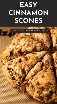 chocolate chip cookies stacked on top of each other with text overlay that reads easy cinnamon scones